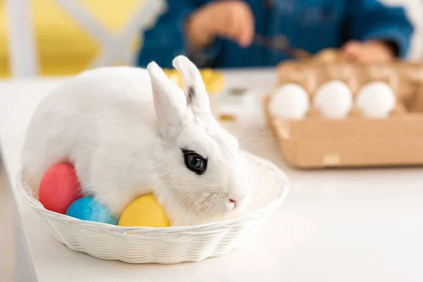 Foyer sélectif de lapin blanc en osier sur la table près de garçon peinture oeufs de Pâques — Photo de stock