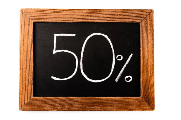 Top view of number 50 and percent sign written on chalkboard isolated on white — Stock Photo