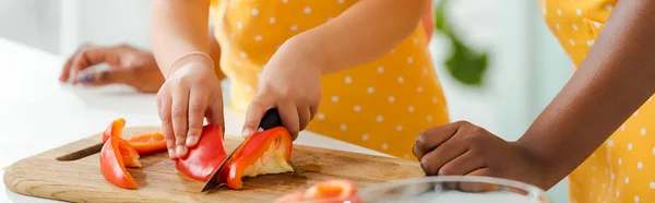 Plano panorámico de niño afroamericano cortando pimiento cerca de la madre - foto de stock