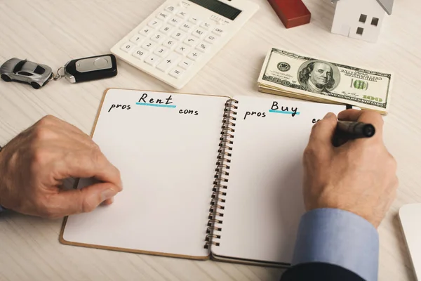 Cropped view of agent writing in notebook with rent and buy lettering near money and calculator — Stock Photo