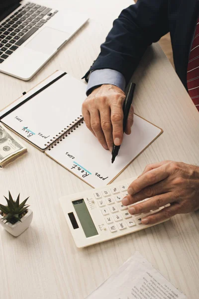 Visão cortada de agente escrevendo em notebook com aluguel e comprar letras perto de dinheiro, laptop e calculadora — Fotografia de Stock