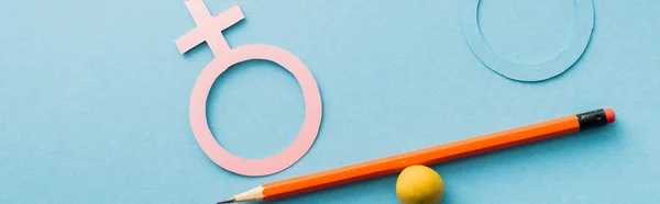 Panoramaaufnahme der Skala von kleiner Kugel und Bleistift mit verschiedenen Geschlechtern isoliert auf blauem Grund, Konzept der sexuellen Gleichberechtigung — Stockfoto