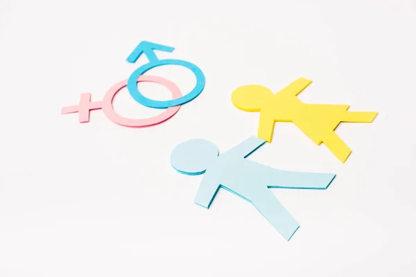 Papel corta a las personas cerca de los signos de género aislados en blanco, concepto de igualdad sexual - foto de stock