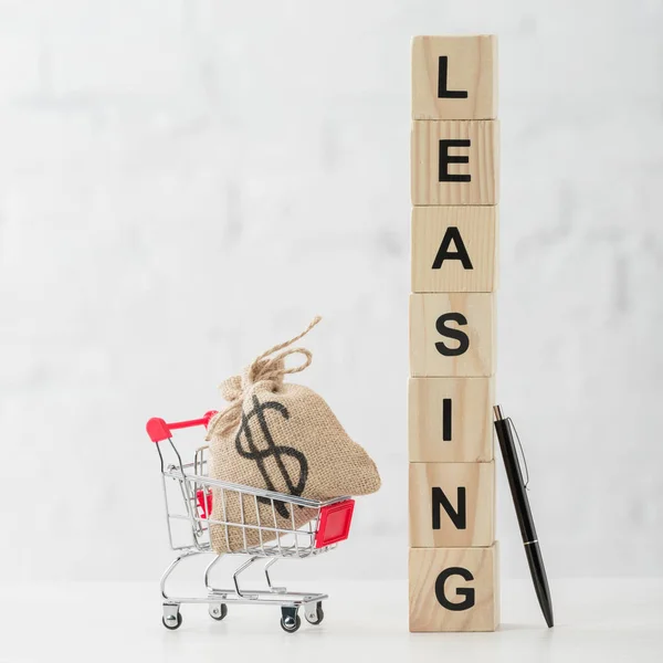 Cubos de madera con letras de arrendamiento cerca del carrito de compras de juguetes con bolsa de dólar y pluma en blanco - foto de stock