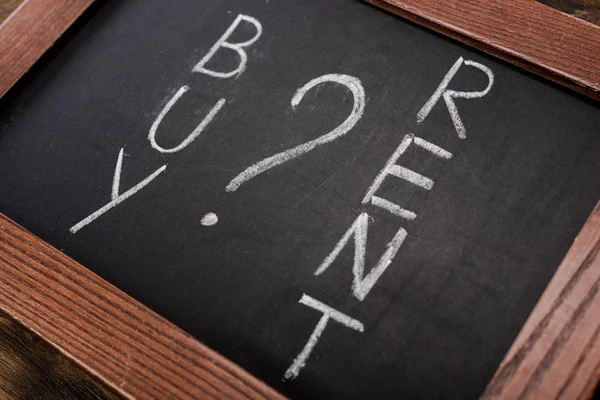 Close up of chalkboard with buy and rent lettering — Stock Photo