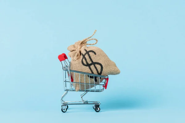 Toy shopping cart with dollar bag on blue, leasing concept — Stock Photo