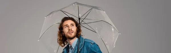 Plano panorámico de hombre guapo y sorprendido en chaqueta de mezclilla sosteniendo paraguas aislado en gris - foto de stock