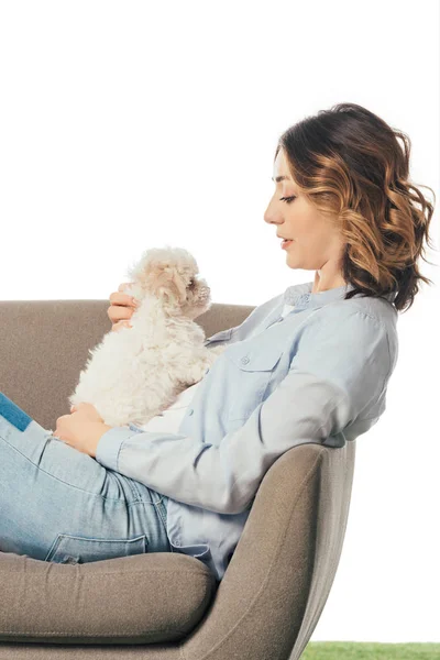 Vista lateral de la mujer sosteniendo cachorro de Havanese y sentado en sillón aislado en blanco - foto de stock