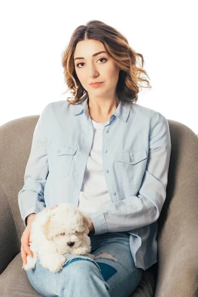 Mujer sosteniendo cachorro Havanese y sentado en sillón aislado en blanco - foto de stock