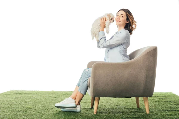 Sorrindo mulher segurando filhote de cachorro havaiano e sentado em poltrona isolado no branco — Fotografia de Stock