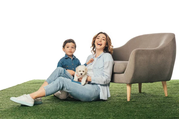 Smiling mother with Havanese puppy and son looking at camera isolated on white — Stock Photo