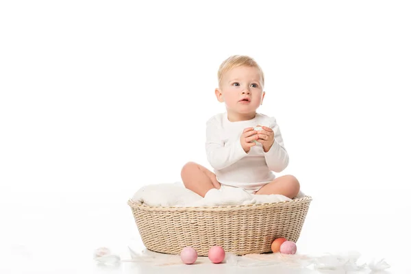 Child holding Easter egg, sitting in basket with colorful decoration around on white background — Stock Photo