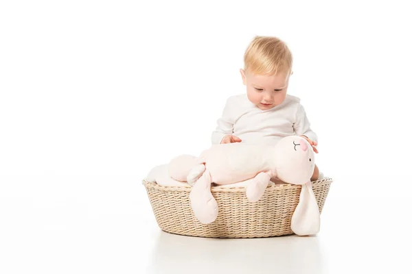 Child looking at pink bunny and sitting on blanket in basket on white background — Stock Photo