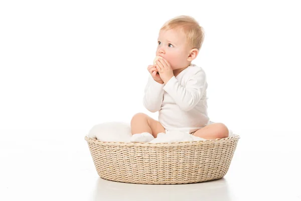 Niedliche Junge, der Osterei in den Mund nimmt, indem er die Hände in einem Korb auf weißem Hintergrund ballt — Stockfoto