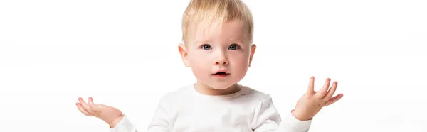 Cute child spreading hands to sides isolated on white, panoramic shot — Stock Photo