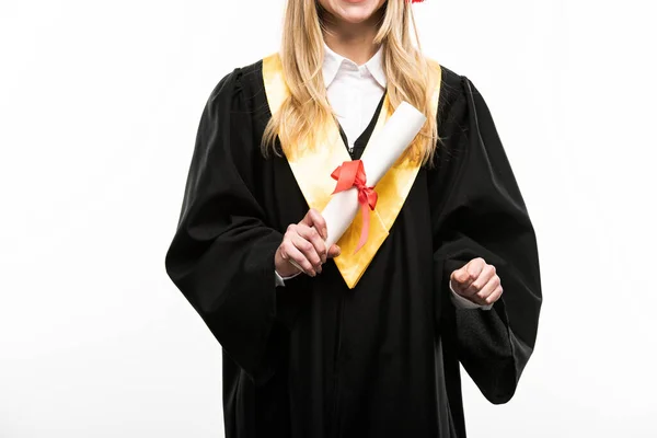 Front view of student holding diploma isolated on white — Stock Photo