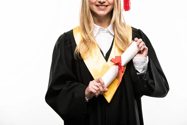 Front view of student holding diploma isolated on white — Stock Photo