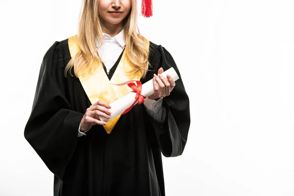 Visão frontal da mulher detentora de diploma isolado em branco — Fotografia de Stock