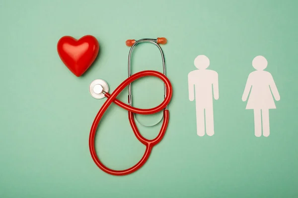 Top view of stethoscope, decorative heart with male and female symbols on green background, world health day concept — Stock Photo