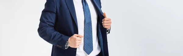 Cropped view of successful young businessman in blue suit with hands on blazer isolated on white, panoramic shot — Stock Photo