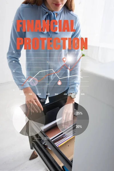 Selective focus of businesswoman searching dossier in cabinet driver, financial protection illustration — Stock Photo