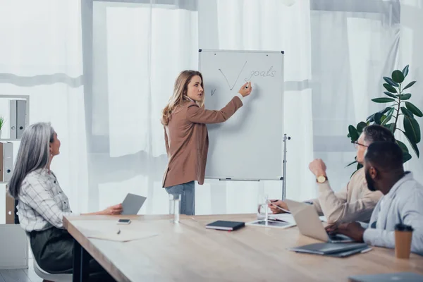 Businesswoman pointing at goals lettering and talking with multicultural colleagues — Stock Photo