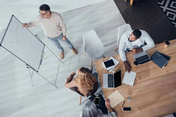 Overhead view of multicultural colleagues sitting at table and looking at businessman during presentation — Stock Photo