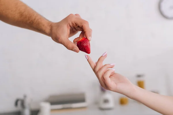 Cropped view of man giving strawberry to woman — Stock Photo