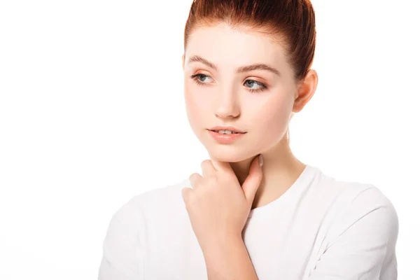 Beautiful thoughtful female teenager with clean skin, isolated on white — Stock Photo