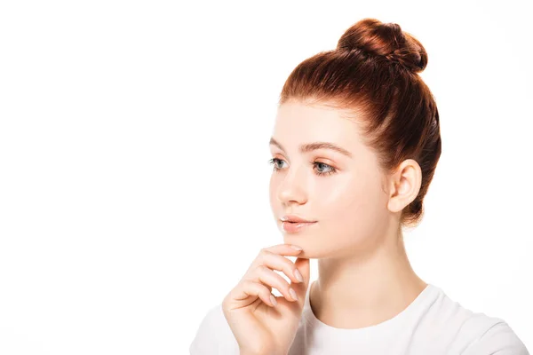 Beautiful pensive teenager with clean skin, isolated on white — Stock Photo