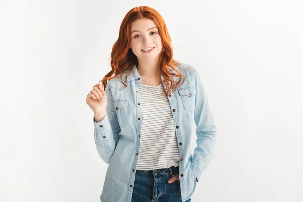 Beautiful redhead female teenager in denim clothes, isolated on white — Stock Photo