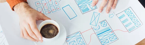 Cropped view of developer working with ux website templates and holding coffee cup on table, panoramic shot — Stock Photo