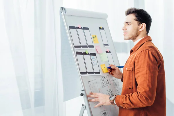 Vue latérale du projet de planification créative de conception de l'expérience utilisateur avec des cadres sur tableau blanc dans le bureau — Photo de stock