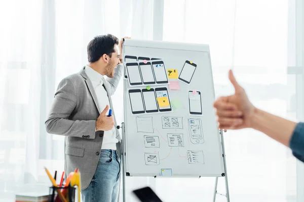 Selective focus of cheerful ux designer near whiteboard with templates and colleague showing like sign in office — Stock Photo
