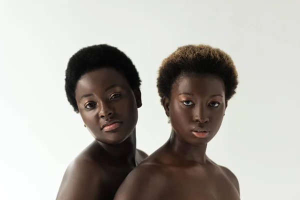 Atraente nu afro-americano namoradas olhando para câmera isolada no cinza — Fotografia de Stock