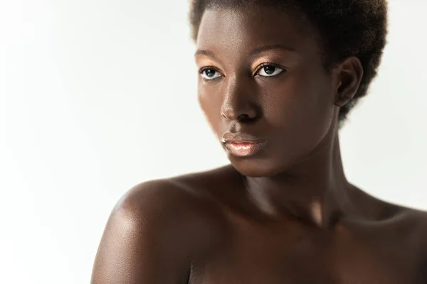 Attractive nude african american girl isolated on grey — Stock Photo