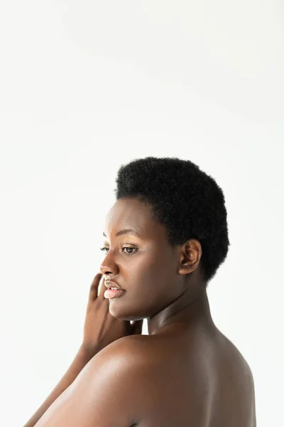 Attractive nude african american girl with clean skin isolated on grey — Stock Photo