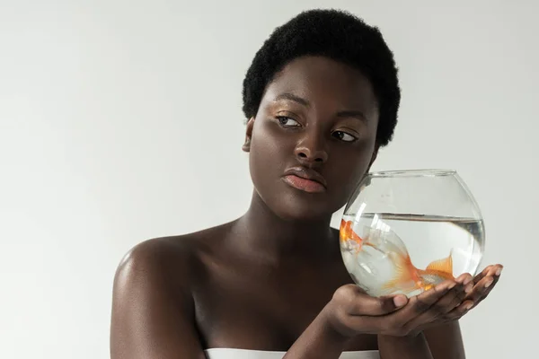 African american girl holding aquarium with fish isolated on grey — Stock Photo