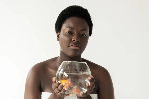 Attraktive afrikanisch-amerikanische Mädchen hält Aquarium mit Fischen isoliert auf grau — Stockfoto