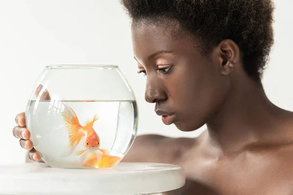 Привлекательная обнаженная африканская американская девушка, смотрящая на рыбу в аквариуме на столе, изолированном на сером — стоковое фото