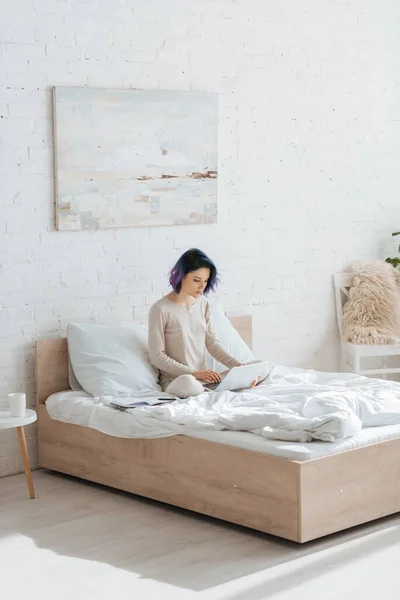 Concentrated freelancer with colorful hair and crossed legs working with laptop on bed — Stock Photo