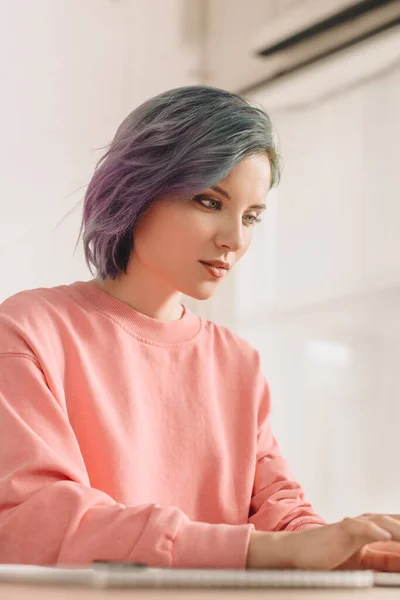 Foco seletivo de freelancer concentrado com cabelo colorido em camisola rosa à mesa — Fotografia de Stock