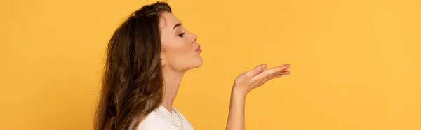 Panoramic shot of elegant spring girl blowing air kiss isolated on yellow — Stock Photo