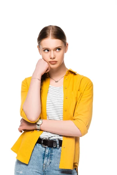 Triste jolie fille regardant loin isolé sur blanc — Photo de stock