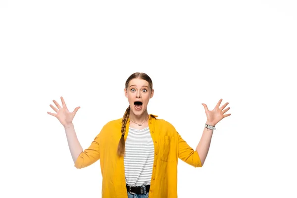 Scared pretty girl with braid screaming isolated on white — Stock Photo