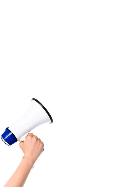 Cropped view of girl holding loudspeaker isolated on white — Stock Photo