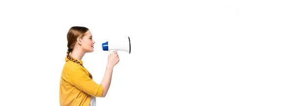 Side view of pretty girl with braid talking in loudspeaker isolated on white, panoramic shot — Stock Photo