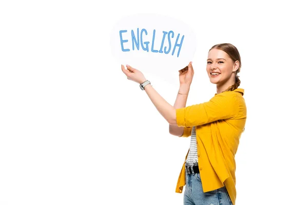 Lächelndes hübsches Mädchen mit Zopf hält Sprechblase mit englischem Schriftzug isoliert auf weißem Grund — Stockfoto