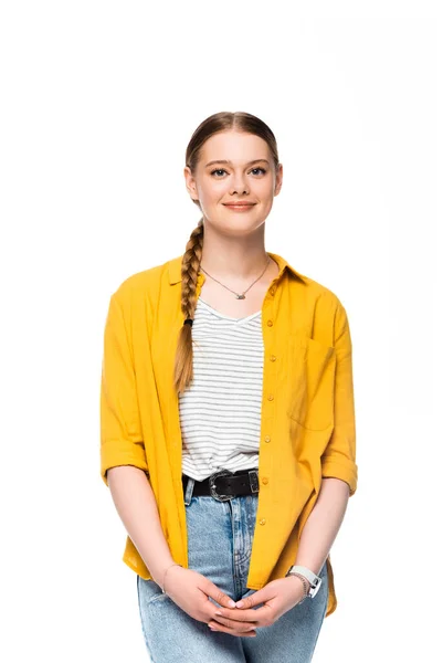 Sorrindo menina atraente com trança isolada no branco — Fotografia de Stock