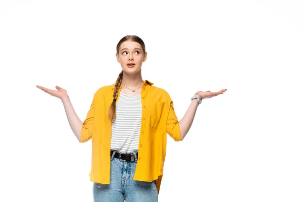 Confused attractive girl with braid showing shrug gesture isolated on white — Stock Photo